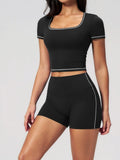 Speed Drying Tight Yoga Sets Women Color Contrast Short Sleeve Slim Sports Top High Waist Leggings Running Fitness Athletic Wear