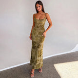 FDYOUI Sexy Elegant Chain Backless Green Floral Evening Dress for Women Sleeveless Bodycon Long Cocktail Dresses Party Club Gown