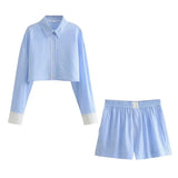 Foridol Stripes Crop Top+shirt 2 Pcs Outfits Women Casual Summer Autumn Casual Set Blue Matching Set Shorts Set Female Suit