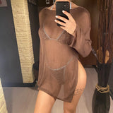 Sexy Long Sleeve See Through Top  Mesh Sheer Tunic Beach Cover Up Cover-ups Beach Dress Beach Wear Beachwear Female Women V3557