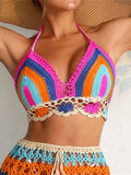 S - XL New Crochet Knitted Halter Bikini Top Female Swimsuit Women Swimwear Block Color Beach Top Bather Bathing Suit Swim K8083