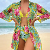 3 Pieces Triangle Halter Bikini 2026 Print Swimwear Female High Waist Swimsuit Women & Kimono Bathers Bathing Swimming Swim Suit
