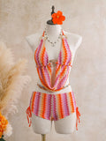Vintage Blue Striped Knitted Cover Up 3 Piece Bikini Set 2026 Swimwear Women Push Up Bra Drawstring High Waist Shorts Swimsuit