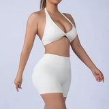 2PCS Nude Sexy Yoga Set Halter Neck Sports Bra And Shorts Breathable Fitness Training Underwear Slimming Beautiful Back Design