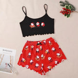 Women's Sleepwear Christmas Santa Print Pajama Set Spaghetti Strap Crew Neck Top and Shorts Set Home Wear Loungewear