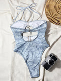 DEKA Women Hellow Denim Swimwear Printed Halter Cut Out One Piece Swimsuit Female High Cut Leg Padded Bather Bathing Suit Swim