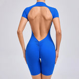 Padded Backless Yoga Cycling jumpsuit  Women Zipper GYM Sportswear Fitness One Piece Sports Suit V Back Workout Playsuit