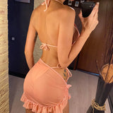 New With Sarong Halter Ruffled Bikini Women Swimwear Female Swimsuit Three-pieces Bikini Set Bather Bathing Suit Swim Lady V4144