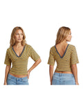 Womens Striped T-shirt Deep V Neck Short Elbow Sleeve Corset Tops 2026 Summer Casual Retro Stylish Shirts
