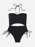 2026 Drawstring Swimsuit Solid Cut Out Knot Halter One Piece Swimwear Women Padded Bathing Suit Female Swimming Summer Beachwear