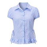 Women Plaid Shirts Button Down Puff Short Sleeve Lapel Neck Tops Fashion Slim Fit Ruffle Trim Blouses Summer