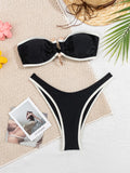 DEKA Solid BandeauU Ring Bikini High Waist Swimsuit Women Tie Side Shiny Metal Hardware Ring Bandeau Swimwear Padded Bra Top