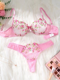Women's Pink Floral Embroidery Lingerie Set Half Cup Push Up Bra And Thong Sheer Mesh Lace Comfortable Sexy Underwear ZA824026
