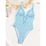 Deep V Neck Frilled Ruffled Halter Women Swimwear Monokini High Leg Cut Bather Bathing Suit Swim One Piece Swimsuit Female K8055