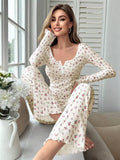 Spring Summer Sleepwear Women's Pajamas Floral Print Lettuce Trim Pajamas Set Tops and Long Trousers Loungewear Nightwear