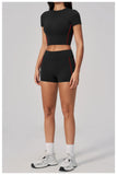 Color Contrast Yoga Suit Women Short Sleeve O Neck Sports T Shirts Tracksuit Outwear High Waist Shorts Gym Running Fitness Suits
