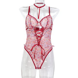 Toucheart Sexy Women Lace Backless Interesting  Babydoll Bodysuit Wrap Dress High Waisted Printing Bow Knot  Babydoll Bodysuit