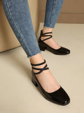 Metallic Silver Gold Women Mary Jane Pumps Square Toe Block Heel Crisscross Ankle Strap Back Zipper Elegant Party Dress Heels