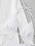2026 Beach Skirt Swimsuit Women White Three-Piece Bikini Sexy Mesh Long Sleeve Hollow Out Bathing Suit Swimwear Summer Beachwear