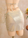 Women embroidery flower glitter metallic bikinis sets 3pcs with split mini skirt swimsuit bathing suit beach outfits biquini