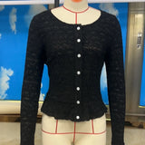 Solid Color Long Sleeve Going Out Lace Top Women Sheer Tops Elegant Round Neck Slim Fit White Textured Button Up T-shirts