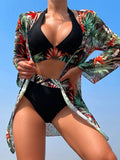 Halter Print Bikini 2026 Women Swimsuit With Kimono High Waist Swimwear Female Bathers Bathing Swimming Swim Suit Beachwear