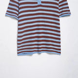 Fashion Casual Striped Knit Polo Shirt Striped Knit Shirt For Women Blue Brown Short Sleeve Hollow Out Casual Summer Top UEZ7