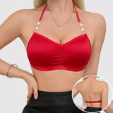 1pcs Red Halter Bralette for Women with Metal Rings Backless Crop Top Ruched Satin Bra for Party Nightclub Clubwear Underwear