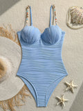 Wrinkled Shell Underwired Beads Women Swimwear One Piece Swimsuit Female High Leg Cut Monokini Bather Bathing Suit Swim Bodysuit
