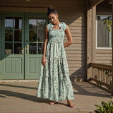 Women Summer Sleeveless Beach Club Long Dresses Casual Tie up Strap Floral Print Ruffled A-Line Party Dress