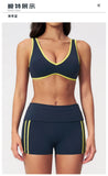 Tight Color Contrast Yoga Suit 2 Pieces Women V Neck Sports Bra Pleate High Waist Shorts Gym Running Fitness Suits Tracksuit