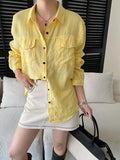 Women White Linen Blend Button Down Shirt Turn Down Collar Chest Pocket Loose Fit Blouse For Summer And Vacation Outfit KY7U