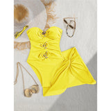 XS - L 6 Colors One Piece Swimsuit Female With Skirt Cut Out Women Swimwear Bandeau Metal Ring Bather Bathing Suit Swim V8108