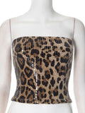 Sexy Chic Leopard Printed Corset Tops Women's Fashion Skinny Zip-up Sequins Crop Tops Strapless Night Club Outfit Streetwear