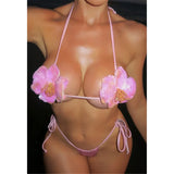 S - XL New Shiny 3D Flowers Halter Bikini Female Swimsuit Women Swimwear Two-Pieces Bikini Set Bather Bathing Suit Swim V7703