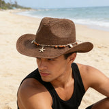 Women Men Straw Cowgirl Hat Starfish Shell Decor Western Panama Jazz Hat Summer Sun Hat for Travel Beach