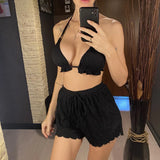Ruffled Firlled Halter Bikini Women Swimwear Female Swimsuit Three-Pieces Bikini Set With Shorts Bather Bathing Suit Swim V5673