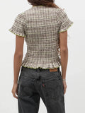 Women Casual Summer Plaid Print Shirred Tops Slim Mock Neck Short Sleeve Crop Ruffle T-shirts Streetwear