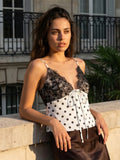 2026 Summer Women Camisole Vest Spaghetti Strap Dot Print Lace Design Slim Fit Tie Bow Front Backless V Neck Tank Tops Stylish