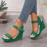 2026 New Platform Wedge Sandals Solid Color Round Headed Square Buckle  High-heeled Sandals