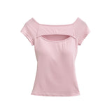 Korean Style Goddess Off-Shoulder Casual Elegant Sexy Hot Girl Top Women Hollow Out Short Sleeved Solid Color T-Shirt Charm 7O4B