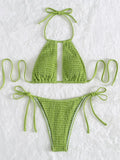 2025 Halter Tie Side Hollow Out Smocked Bikini Women Swimsuit Female Swimwear Two Pieces Bikini Set Swim Bathing Suit Beach Wear
