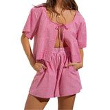 2 Piece Sets Women's Loungewear Front Toe-up Plaid Short Sleeve Shirts Tops and Shorts Sets Summer Y2K Casual Loose Streetwear