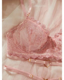 Toucheart Sexy Lingerie Comfortable Ultra-Thin Sexy Lace Printing Patchwork Mesh Semi-Transparent Push-Up Pink Underwear Set New