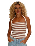 Women Fashion Summer Tank Tops Halter Neck Sleeveless Solid Color/Striped Print Slim Fit Vest