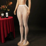 Knitted Seamless Fishnet Pantyhose Jacquard Lace Sexy Vertical Stripe Fishnet Stockings Transparent Pure Desire Elegant W0NL