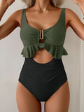 2026 Hollow Swimsuit One Piece U-wire Ruffle Swimwear Women Patchwork Bathers Bathing Swimming Swim Suit Female Beachwear XXL