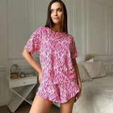 Leopard Print Pajama Set Casual Short Sleeve Top And Matching Elastic Shorts Stylish Comfortable For Ladies Summer Loungewear