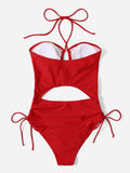 2026 Drawstring Swimsuit Solid Cut Out Knot Halter One Piece Swimwear Women Padded Bathing Suit Female Swimming Summer Beachwear