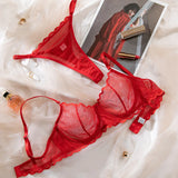 Toucheart Sexy Lingerie Suit for Women Lace Mesh Ultra-thin Underwear Comfortable Bra Set with Steel Rings Hollow Out Underwear